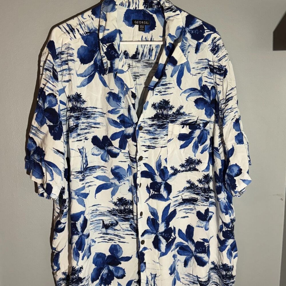 Men's Blue and White Hawaiian Shirt